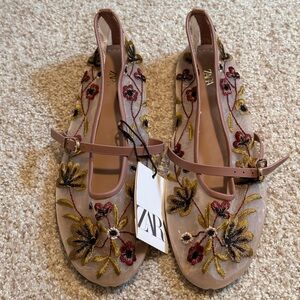 Zara Embroidered Mesh Ballet Flats - Floral - Mauve - EU39